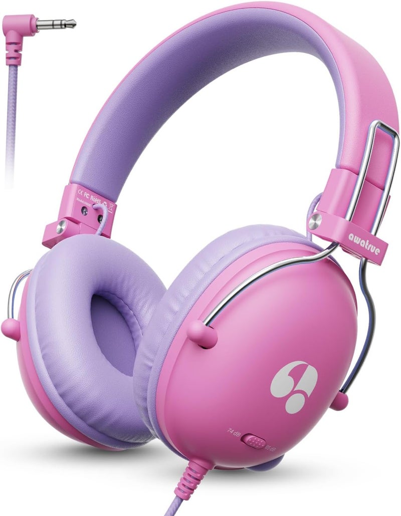 awatrue Kids Headphones, 74/85dB Safe Volume Limit, Stereo Sound, Wired On-Ear Headphones for Kids Boys Girls, 3.5mm Jack for Tablet, iPad, Kindle, YOTO Player, Airplane Travel, Pink - Image 1